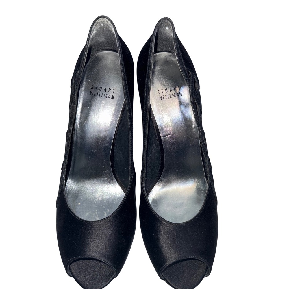 Stuart Weitzman Black Satin Peep Toe Pumps Glitter Lattice Heels Made in Spain 7
